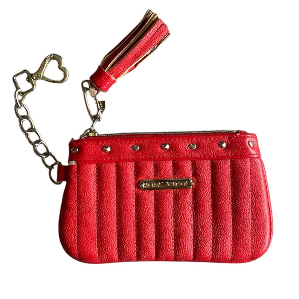 Betsey Johnson Vintage Red Coin Purse w/ Tassel & Gold Heart Link, 4” x 7”